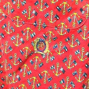 Tommy Hilfiger AOP Logo Shirt Mens Large Red Classic Preppy Nautical Yacht Flags